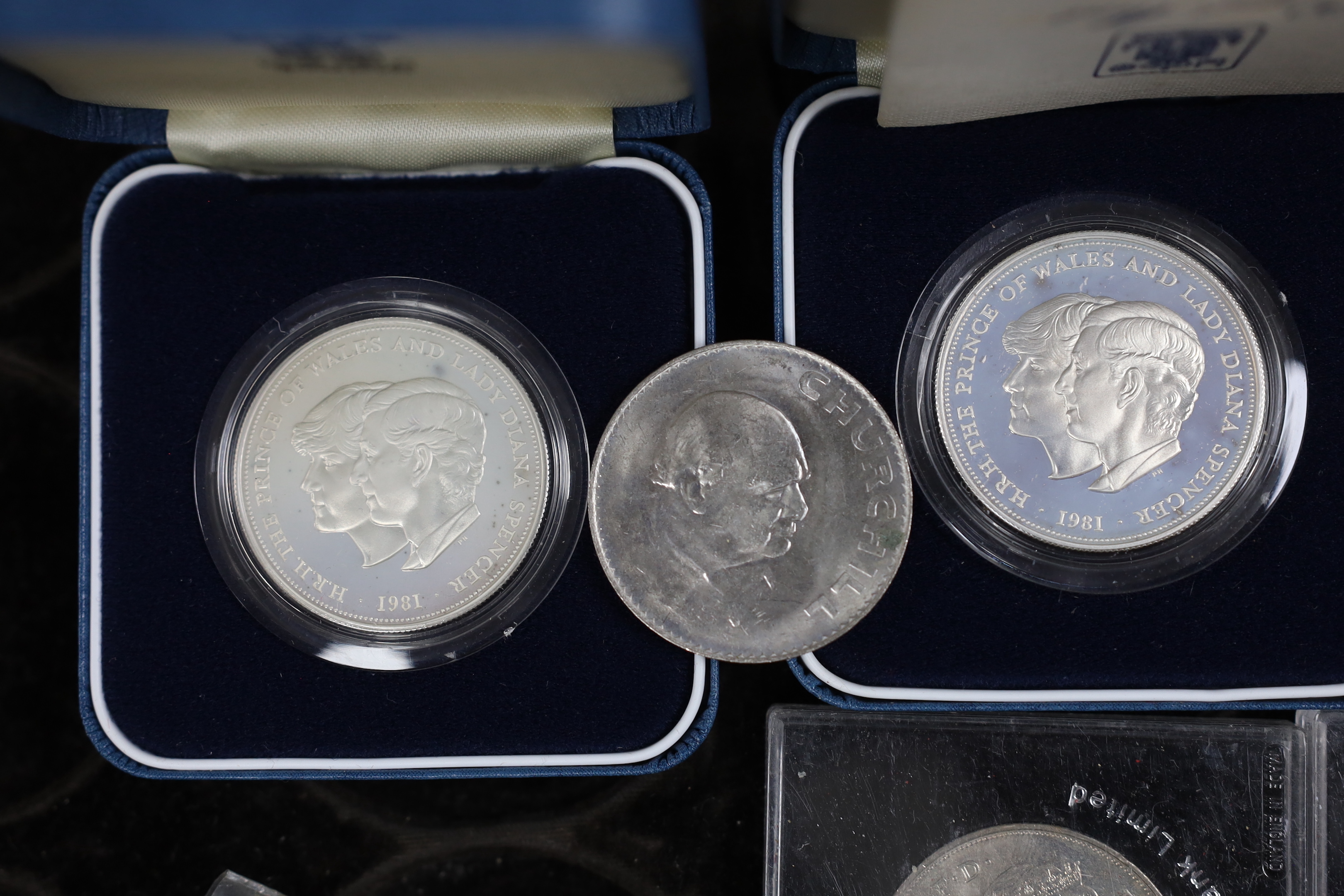 British coins, Royal Mint, QEII, two cased silver proof coins commemorating the marriage HRH Prince of Wales and Lady Diana Spencer 1981 and six other commemorative crowns